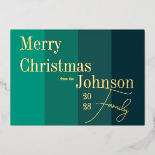 Merry Christmas Green Stripe Family Real Gold Foil Holiday Card