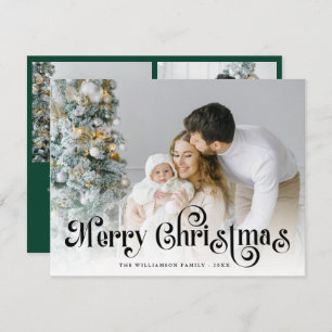 Merry Christmas Green Stylish Lettering Photo  Holiday Card