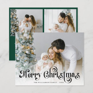 Merry Christmas Green Stylish Lettering Photo Holiday Card