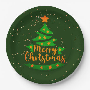 Merry Christmas Green Tree Gold Orange Stars 9" Paper Plate