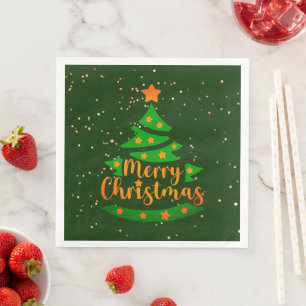 Merry Christmas Green Tree Gold Orange Stars Napkin