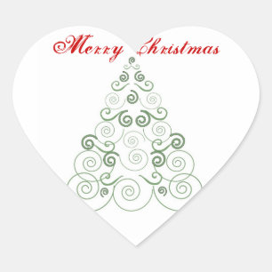 Merry Christmas, green tree of swirls Heart Sticker