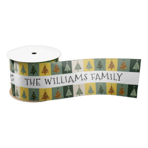 Merry Christmas Green Trees Personalized Name Satin Ribbon