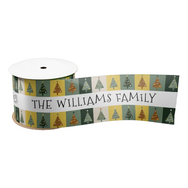 Merry Christmas Green Trees Personalized Name Satin Ribbon (Spool)