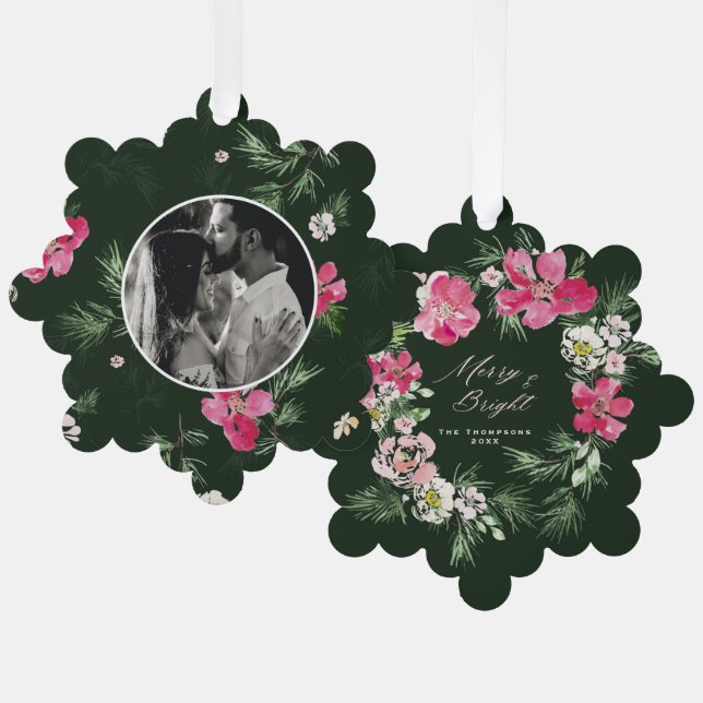 Merry Christmas Green Watercolor flowers Ornament Card (Front/Back)