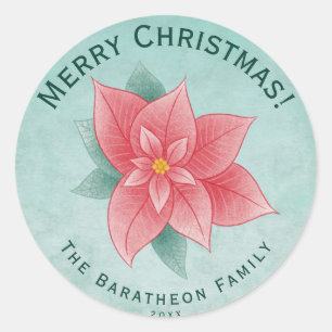 Merry Christmas Green Watercolor Poinsettia Classic Round Sticker