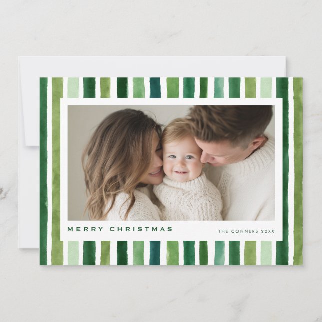 Merry Christmas Green watercolor stripes Holiday Card (Front)