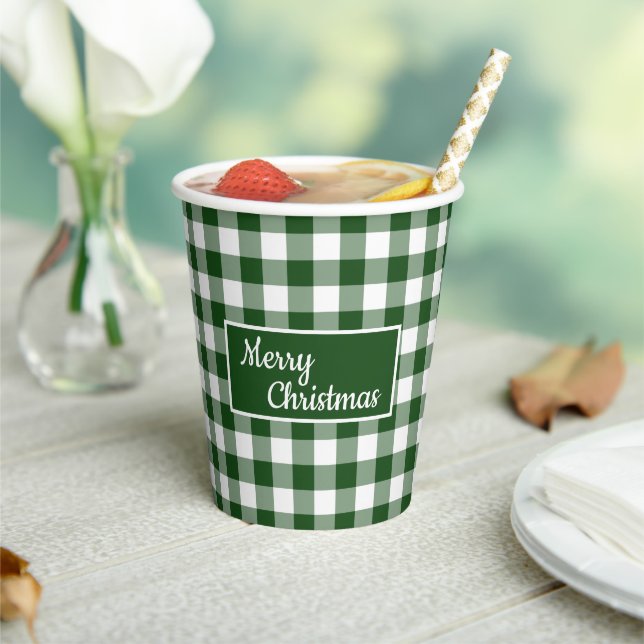 Merry Christmas Green White Buffalo Check Party Paper Cups (Insitu)
