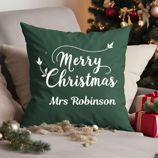 Merry Christmas Green White Minimal Custom Family Throw Pillow