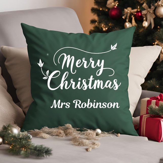 Merry Christmas Green White Minimal Custom Family Throw Pillow (Creator Uploaded)