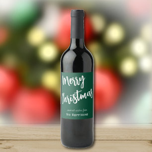 Merry Christmas, Green White Script, Name Set of 6 Wine Label