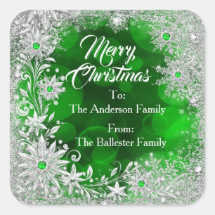 Merry Christmas Green White snowflakes green gems Square Sticker