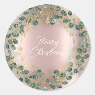 Merry Christmas Green Wreath Woodland Wood Rose Classic Round Sticker