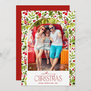 Merry Christmas Greenery and Holly Photo Holiday Card