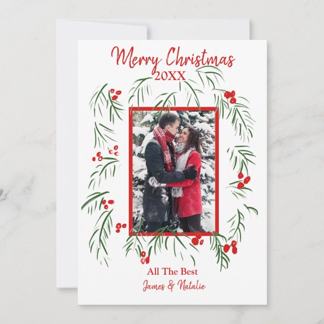 Merry Christmas Greenery Custom Photo Flat Card (Front)