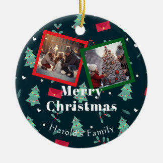 Merry Christmas Greenery Family Photo Custom  Ceramic Ornament