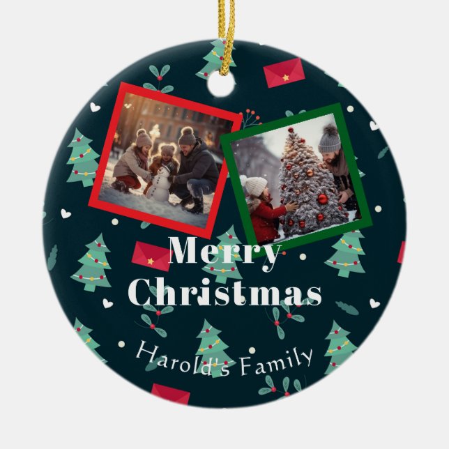 Merry Christmas Greenery Family Photo Custom  Ceramic Ornament (Front)