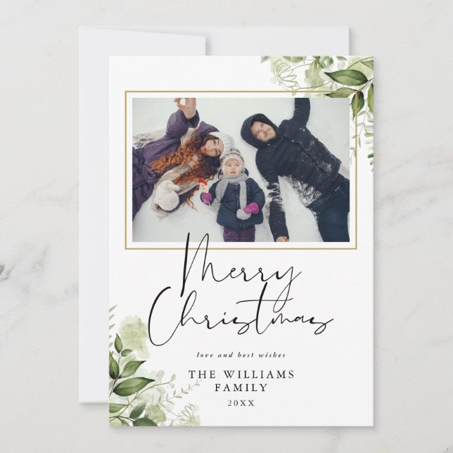 Merry Christmas Greenery Floral Gold Photo Holiday Card (Front)