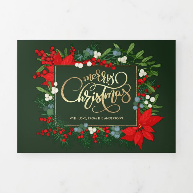 Merry Christmas Greenery Floral Multi Photo Tri-Fold Card (Cover)