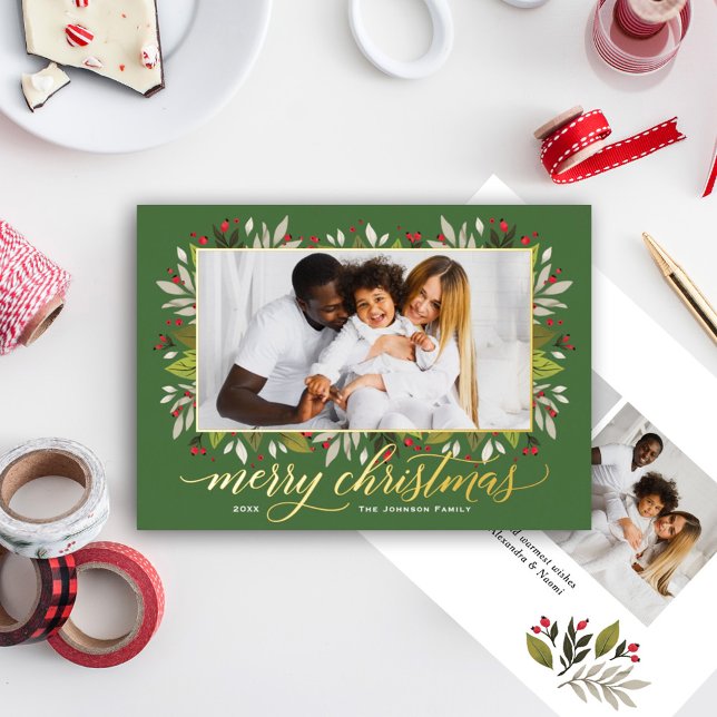 Merry Christmas Greenery Frame Script Photo Gold Foil Holiday Card (Creator Uploaded)