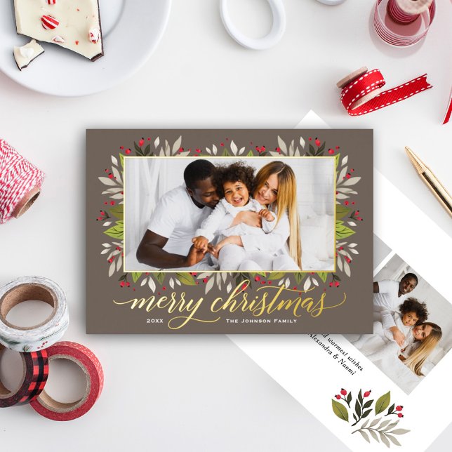 Merry Christmas Greenery Frame Script Photo Gold Foil Holiday Card (Creator Uploaded)