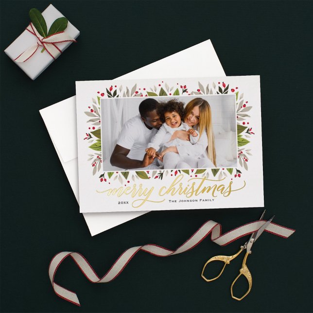 Merry Christmas Greenery Frame Script Photo Gold Foil Holiday Card (Creator Uploaded)