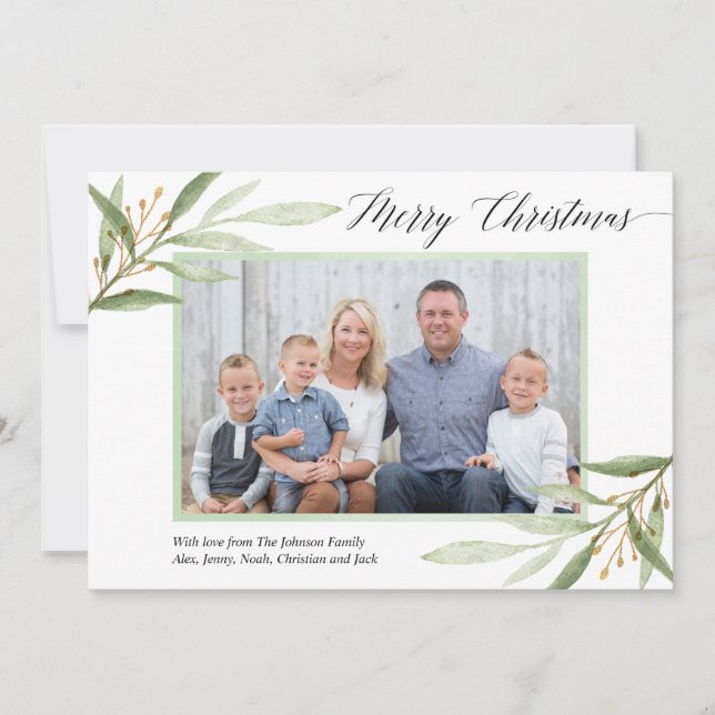 Merry Christmas greenery gold modern photo card (Front)