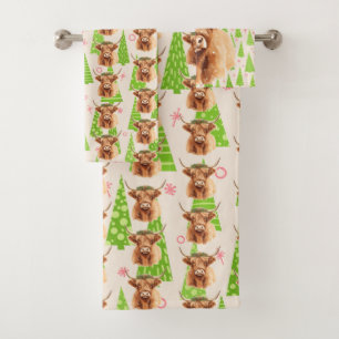 Merry Christmas Greenery Highland Miniature Cow Bath Towel Set