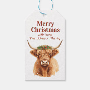 Merry Christmas Greenery Highland Miniature Cow Gift Tags