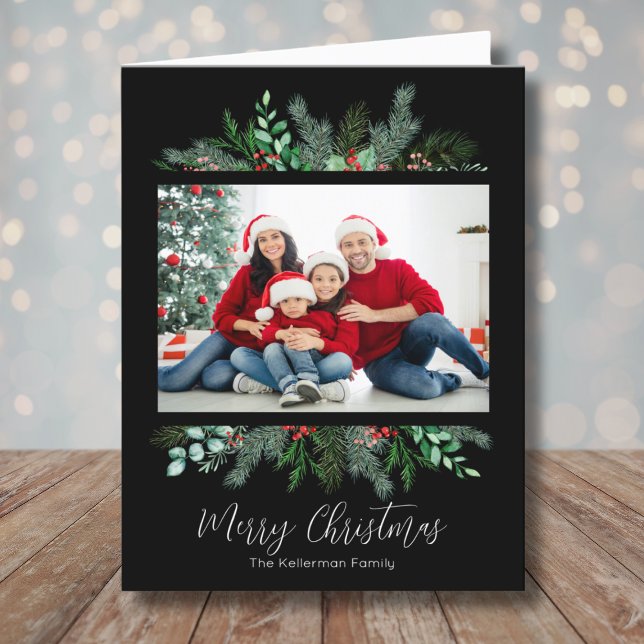 Merry Christmas Greenery Modern Photo Holiday Card (Merry Christmas Greenery Modern Black Photo Holiday Card)