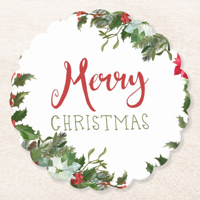 Merry Christmas greenery  Paper Coaster (Front)