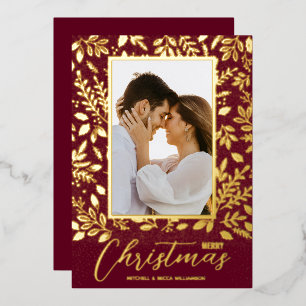 Merry Christmas Greenery Photo  Foil Holiday Card