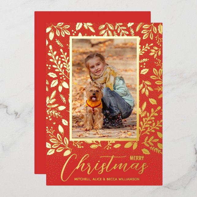 Merry Christmas Greenery Red Photo Gold Foil Holiday Card (Front/Back)