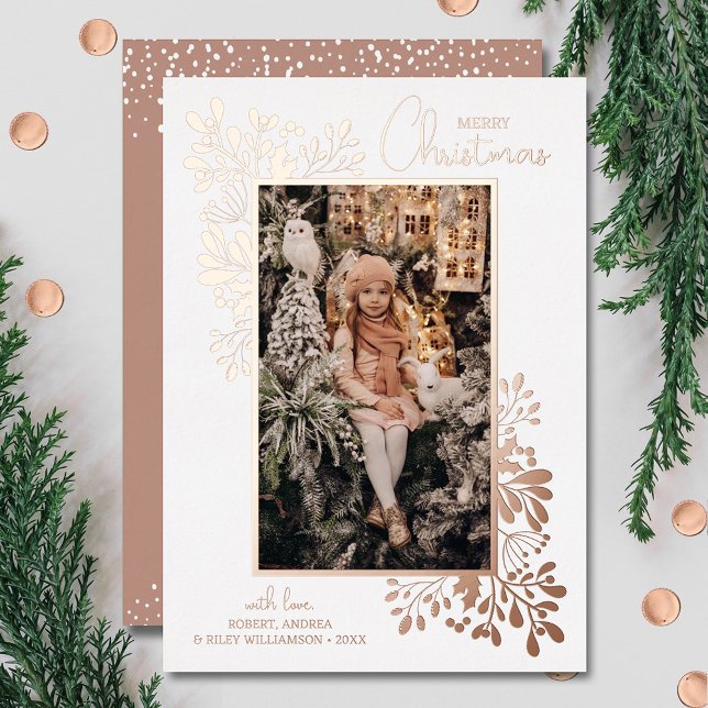 Merry Christmas Greenery Rose Gold Foil Holiday Card (Your photo on holiday photo greeting cards all done in real rose gold foil)