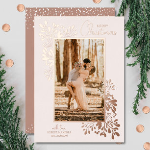 Merry Christmas Greenery Rose Gold Foil Holiday Card