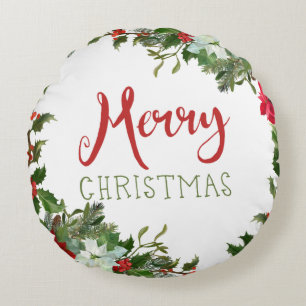 Merry Christmas greenery  Round Pillow