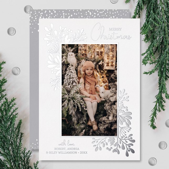 Merry Christmas Greenery Silver Foil Holiday Card (Your photo on holiday photo greeting cards all done in real silver foil)