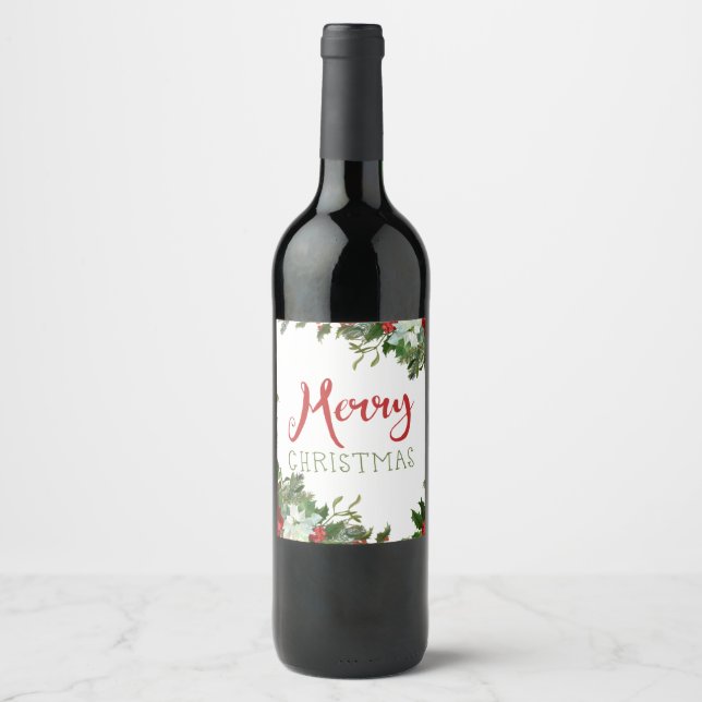 Merry Christmas greenery  Wine Label (Front)