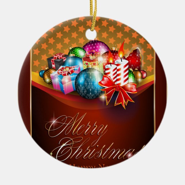 Merry Christmas Greeting Card Ceramic Ornament (Front)