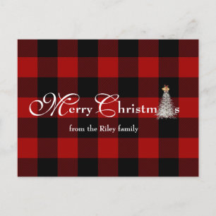 Merry Christmas greeting on buffalo plaid Holiday Postcard