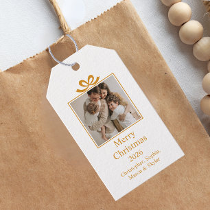 Merry Christmas Greeting Photo Collage Gold Gift Tags