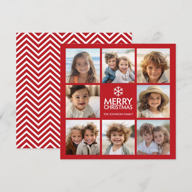Merry Christmas Greeting with 8 photo collage RED Holiday Card (Front/Back)