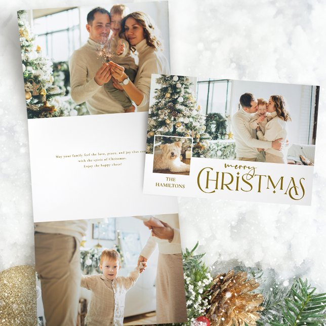 Merry Christmas Greeting with Photo Insert Gold Tri-Fold Holiday Card (Creator Uploaded)