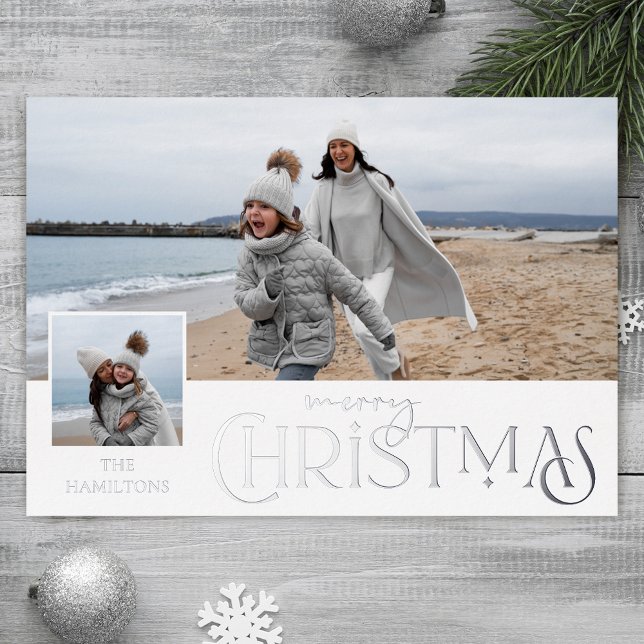 Merry Christmas Greeting with Photo Insert Silver Foil Holiday Card (Creator Uploaded)