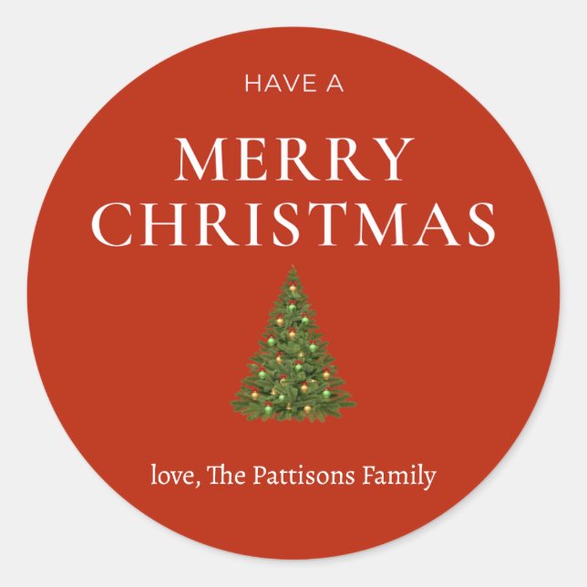 Merry Christmas greeting with tree on red custom Classic Round Sticker (Front)