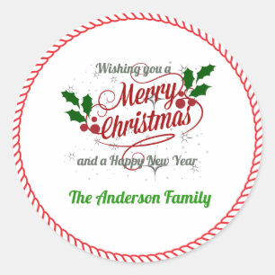 Merry Christmas Greetings Template, customize Classic Round Sticker