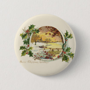 Merry Christmas Greetings Vintage Village Scene 2 Inch Round Button