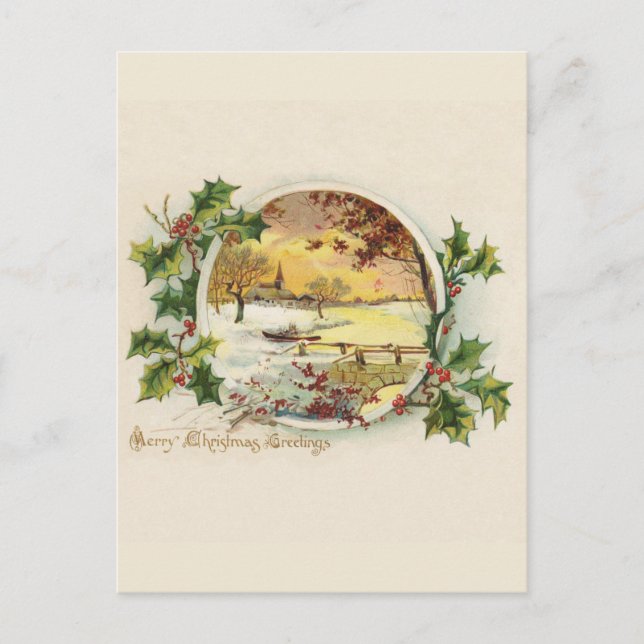 Merry Christmas Greetings Vintage Village Scene Holiday Postcard (Front)