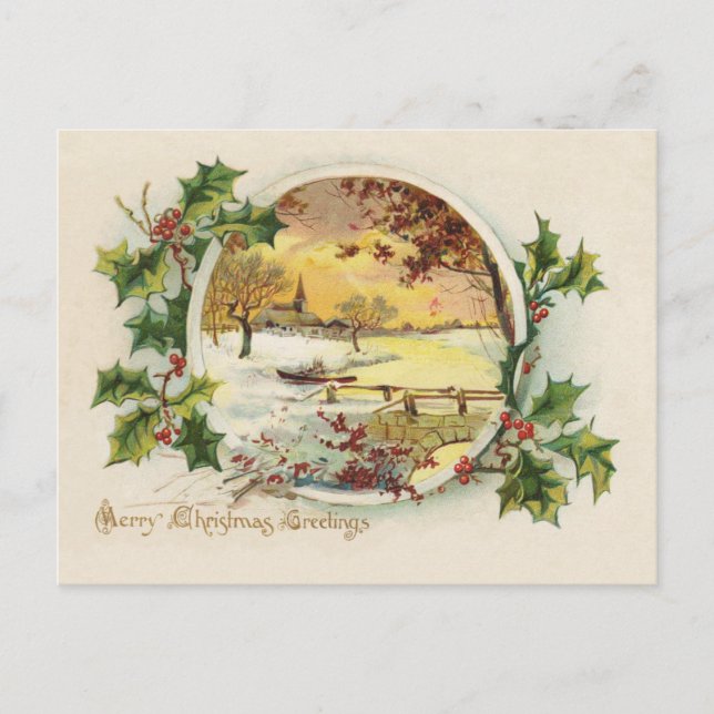 Merry Christmas Greetings Vintage Village Scene Holiday Postcard (Front)