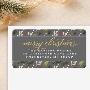 Merry Christmas Grey Gold Elegant Script Address Label